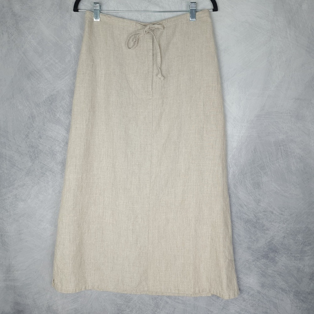 Vntg LL Bean Skirt Womens 10 Petite Beige Linen Midi Tie Waist Prairie Cottage